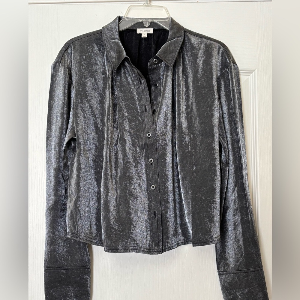PILCRO Medium Metallic silver gray button down bl… - image 8